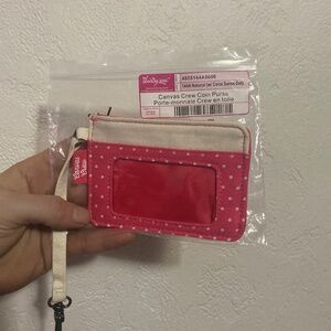 Thirty-one womens canvas crew coin purse pink and white NWOT wallet id holder
